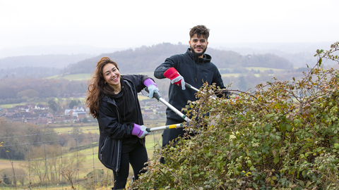 Young people using tools to manage a hedge 