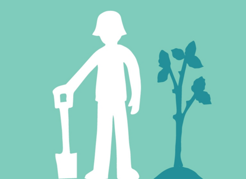 An illustration of figure with spade next to a tree