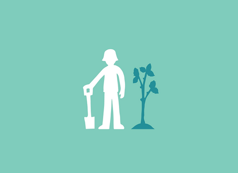 An illustration of figure with spade next to a tree